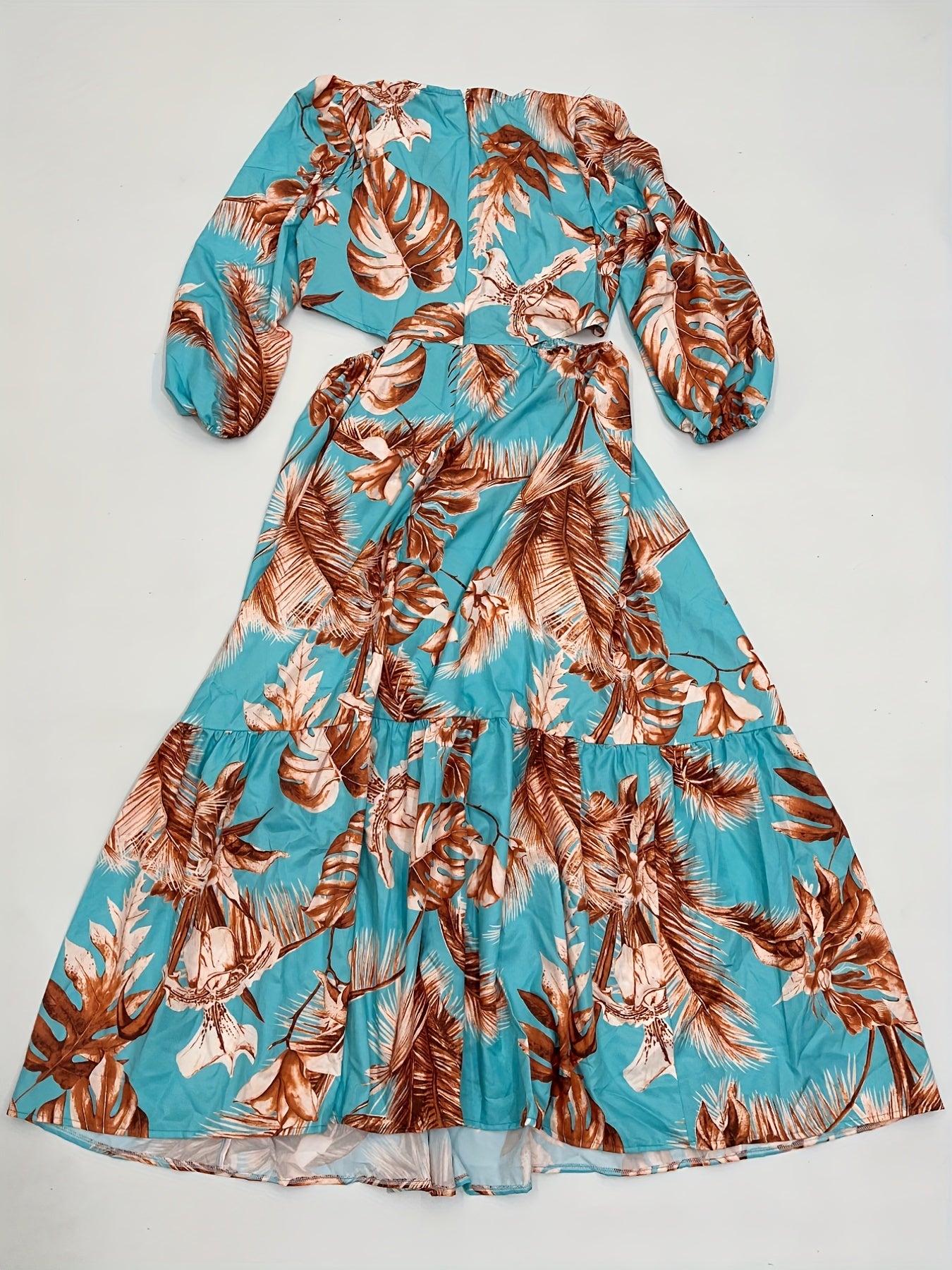  Women's Tropical Print Lantern Sleeve Maxi Dress