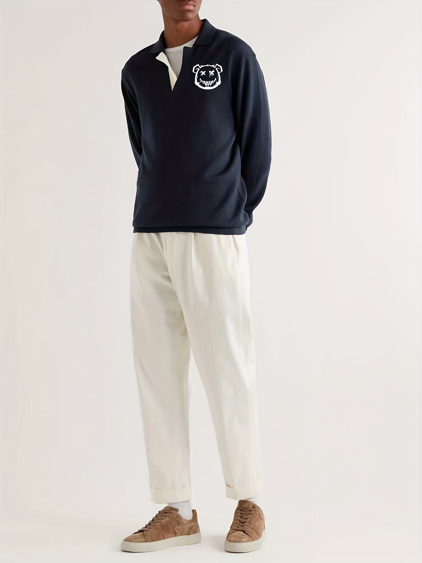 Bear Pattern Knit Polo Shirt Men's Casual Lapel Pullover Sweater