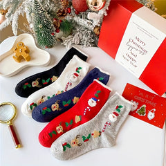 5 Pairs Christmas Print Mid Tube Women's Socks