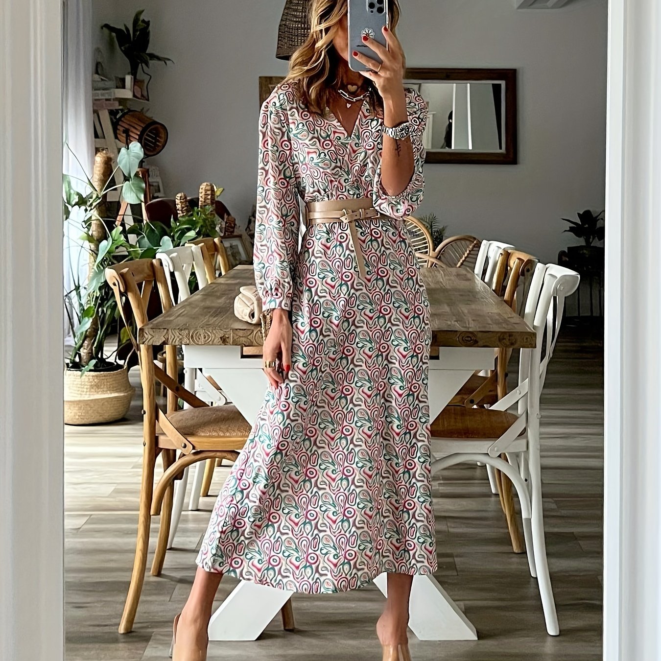 Boho Dress Lantern Sleeve Maxi Dress