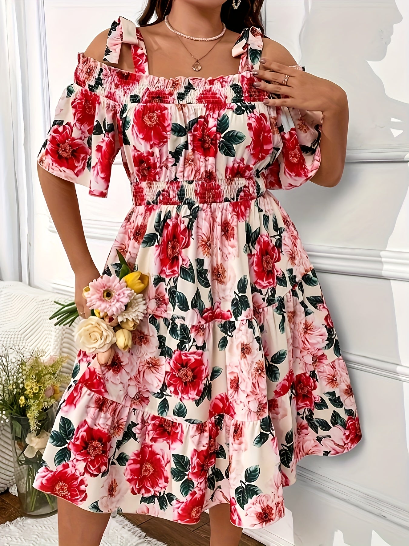  Floral Print Bow Knot Cold Shoulder Smock Dress