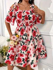  Floral Print Bow Knot Cold Shoulder Smock Dress
