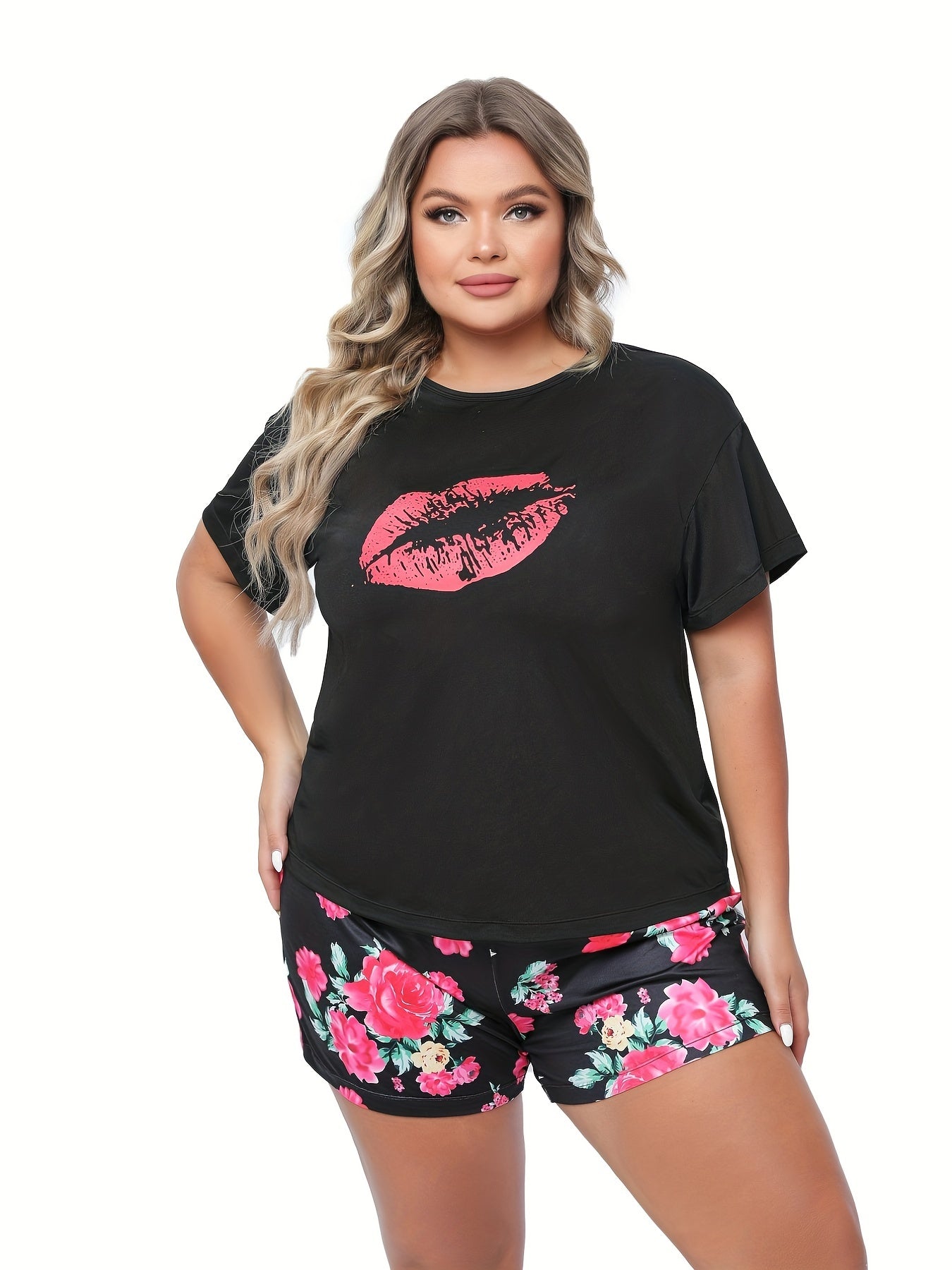  Kiss & Floral Print Tee & Shorts Pajama Set