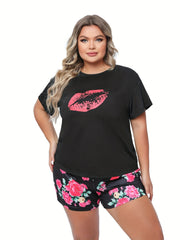  Kiss & Floral Print Tee & Shorts Pajama Set