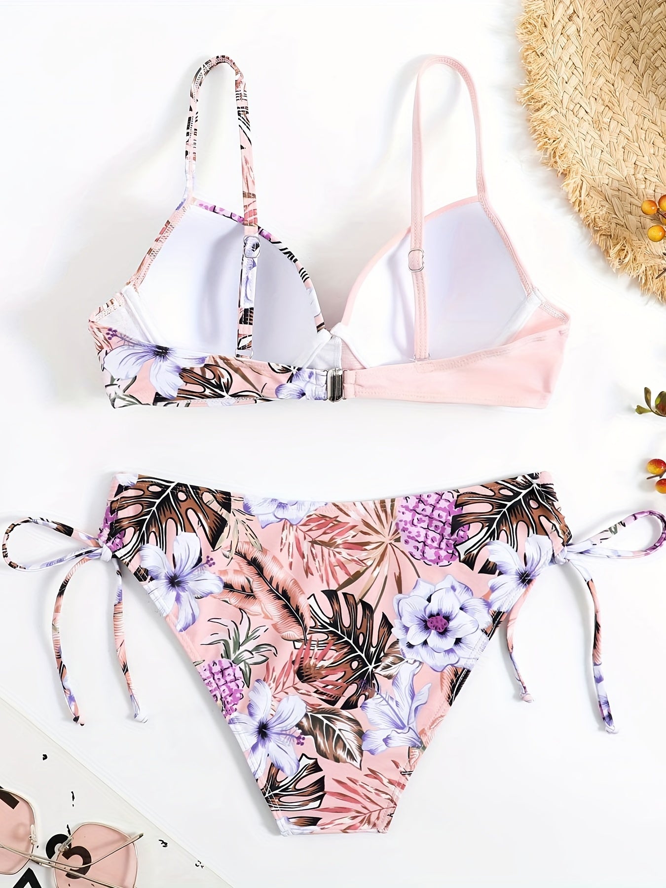 Tropical Print V Neck Bikini Set Ruched Spaghetti Straps Tie Side Swimsuit