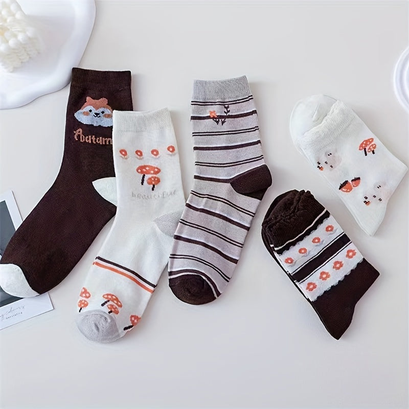 5 Pairs Floral Print Socks Mid Tube Women's Stockings