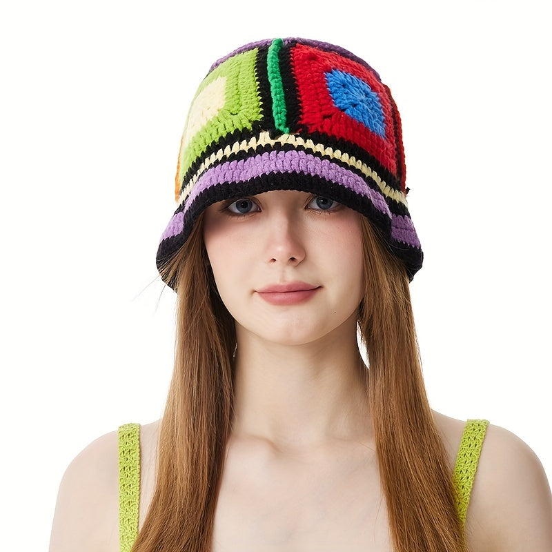 Classic Block Bucket Hats Hollow Crochet Cloche Hats Vintage Beanie