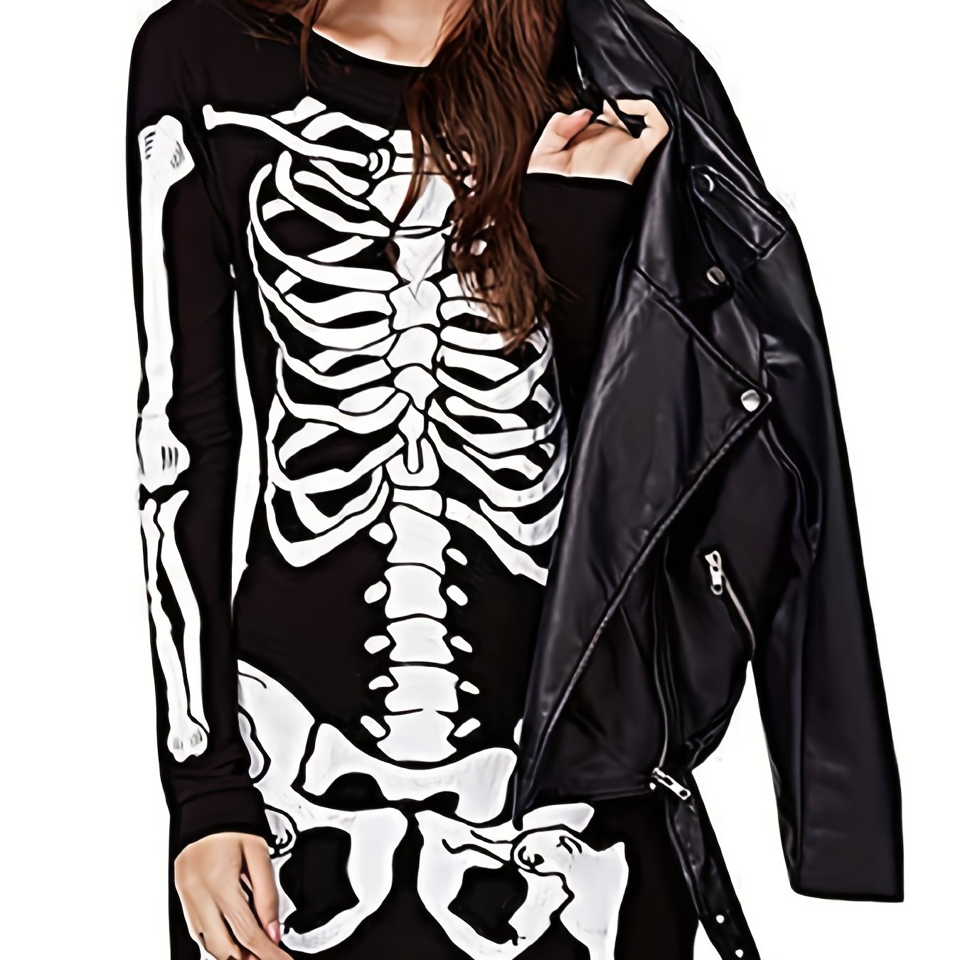  Skeleton Print Long Sleeve Bodycon Midi Dress