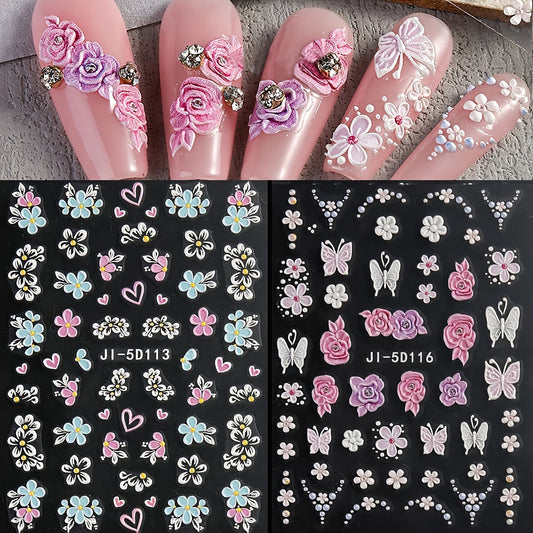 5D Pink Petals Butterfly Nail Stickers French Line Acrylic Spring
