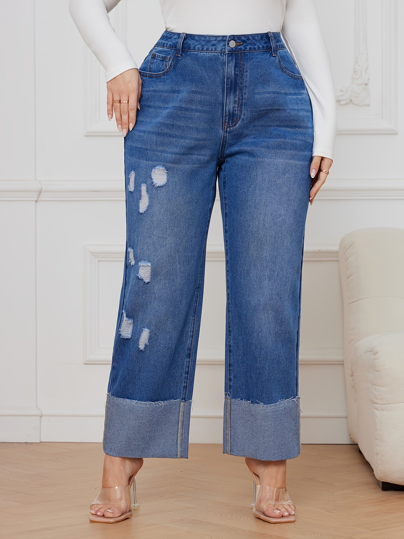  Ripped Button Fly High Rise Straight Leg Jeans