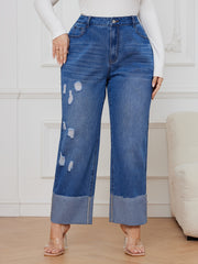 Ripped Button Fly High Rise Straight Leg Jeans