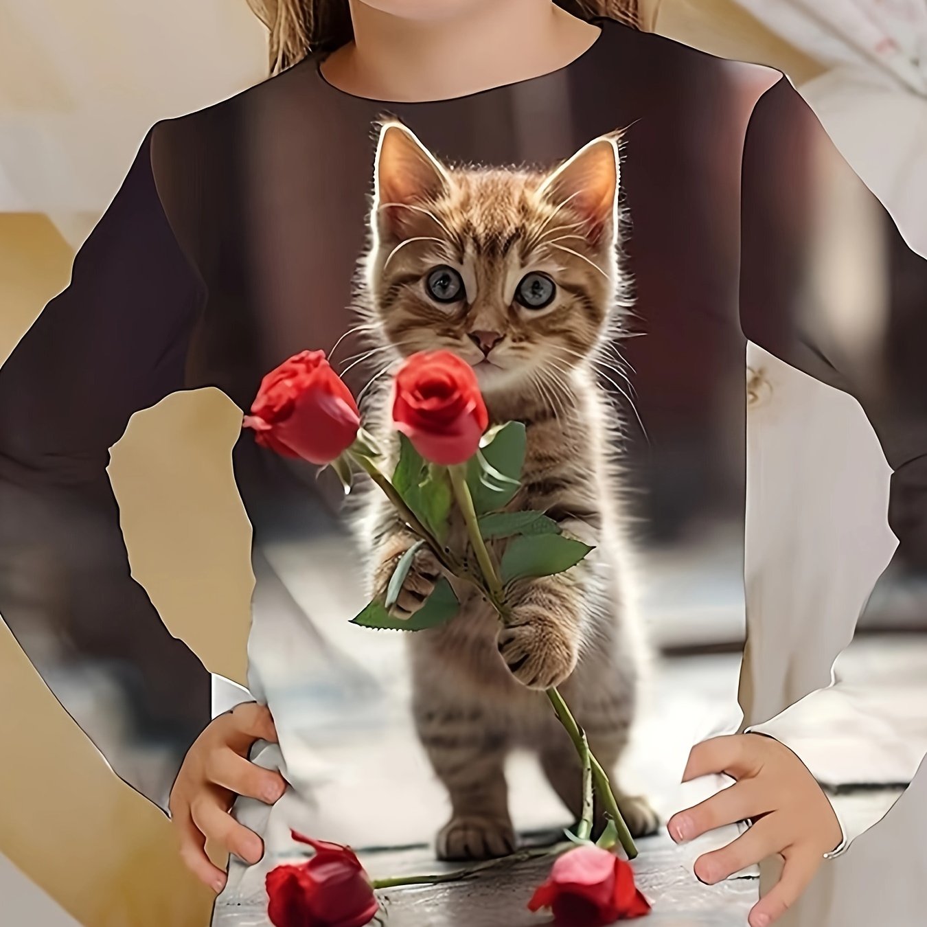 Cartoon Kitty & Rose Flower Long Sleeve T shirt Girls Spring Fall