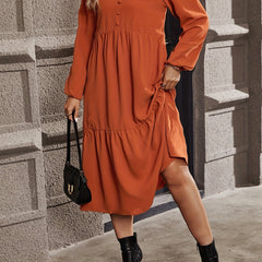  Solid Button Decor Lantern Sleeve V Neck Smock Maxi Dress
