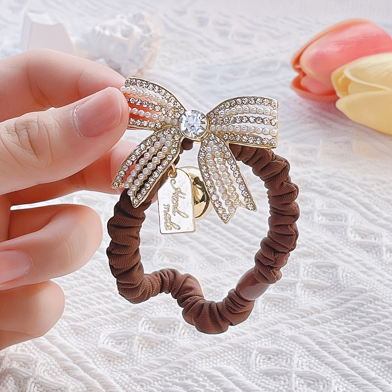 Golden Bead Rhinestone Bow Scrunchies Hair Ties Ponytail Holder