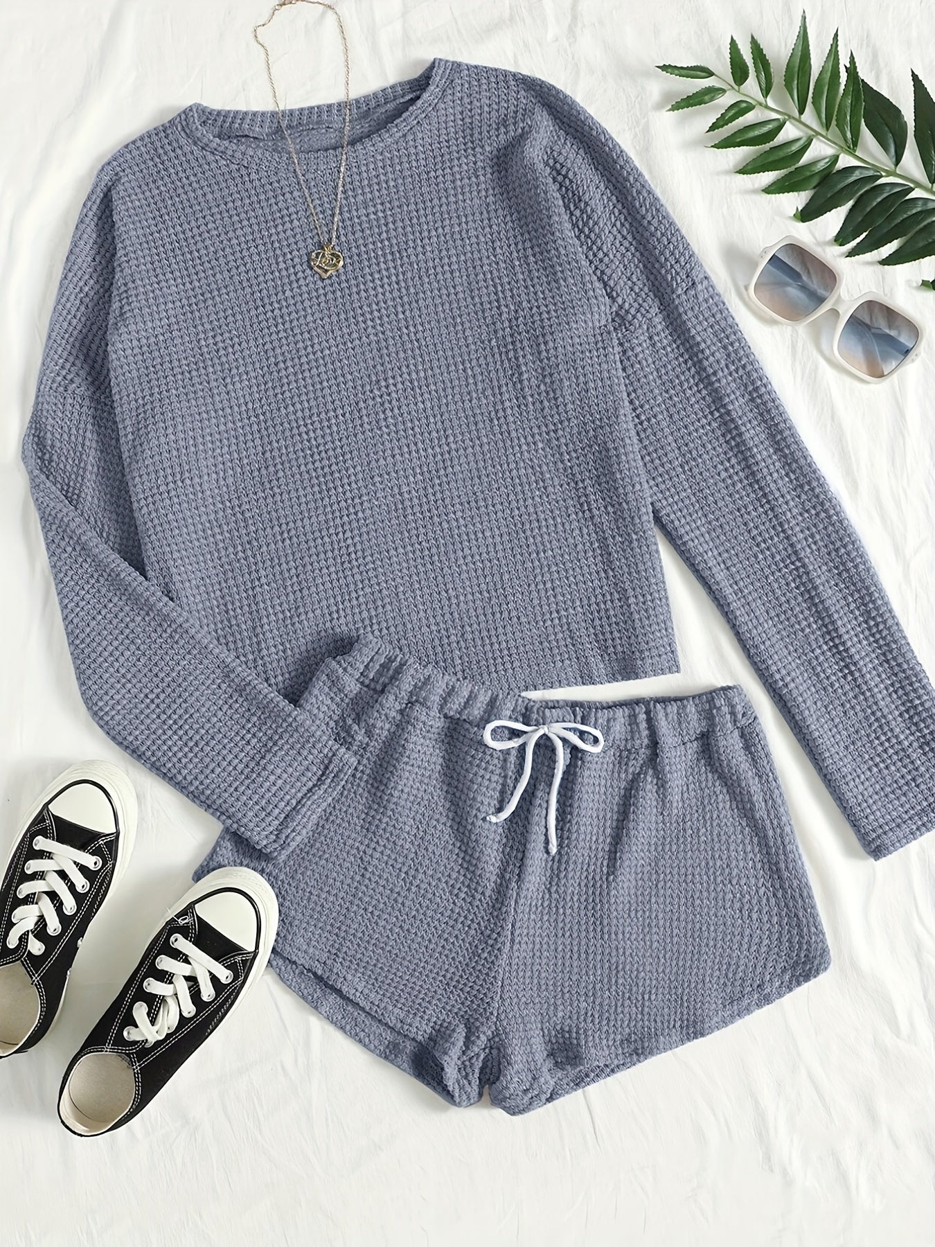 Solid Lounge Set Crew Neck Long Sleeve Top & Elastic Waistband Shorts