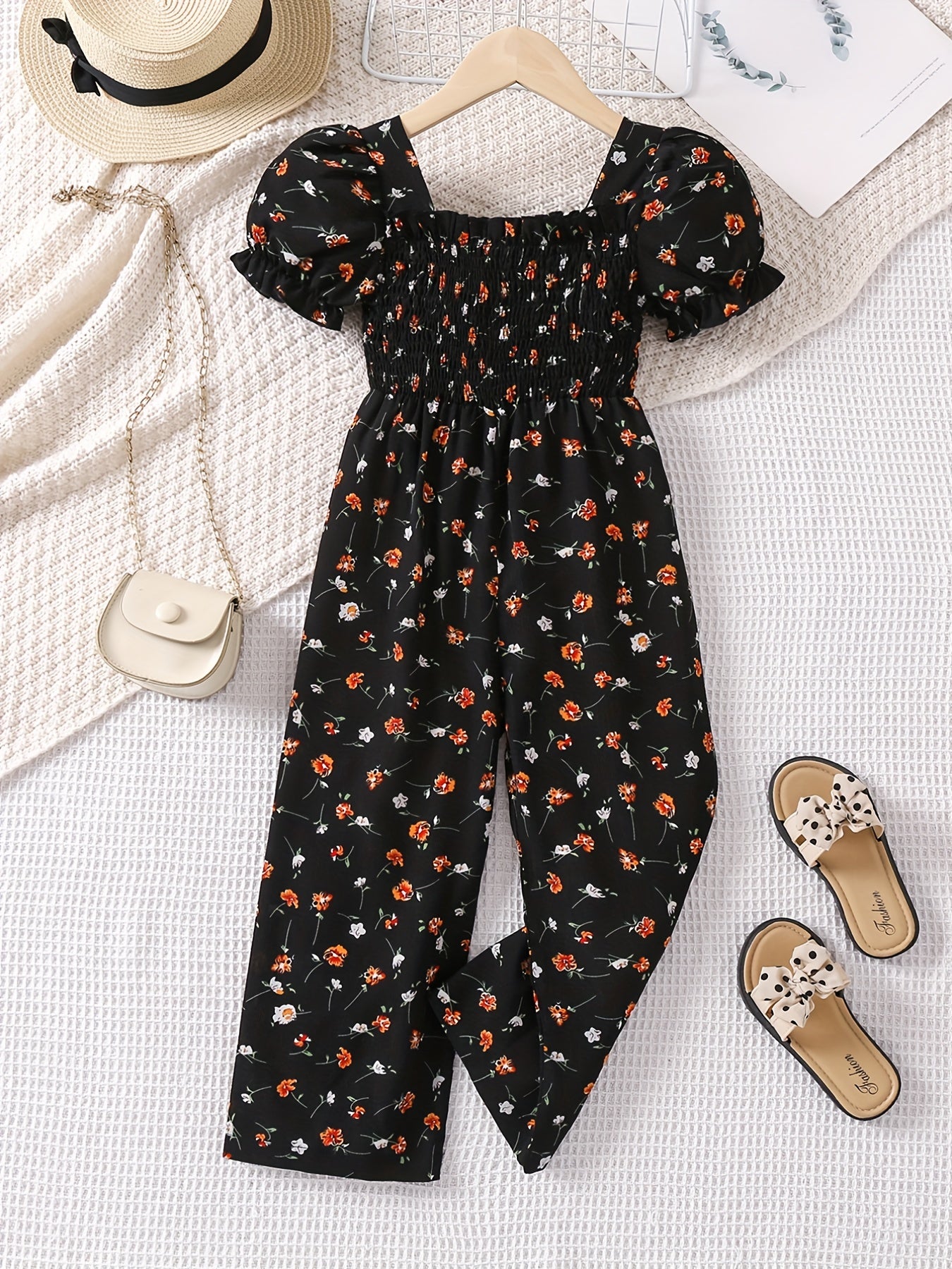 Toddler Girls Puff Sleeve Flower Graphic Rompers Jumpsuits for Beach Vacation