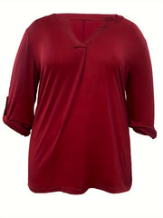  Casual Blouse Women's Solid Roll Up Long Sleeve V Neck Top