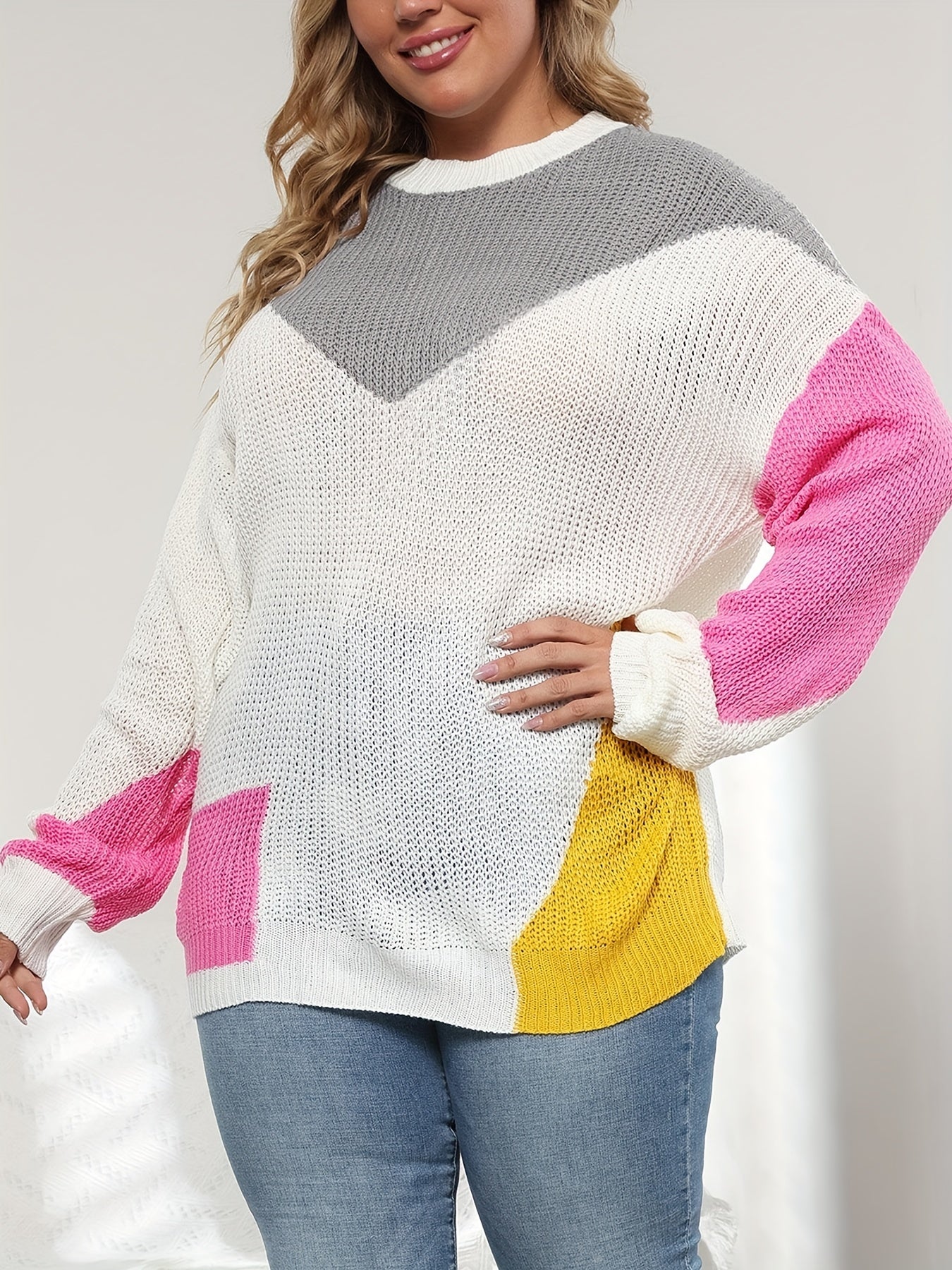  Colorblock Sweater Crew Neck Long Sleeve Pullover Tunic Jumper