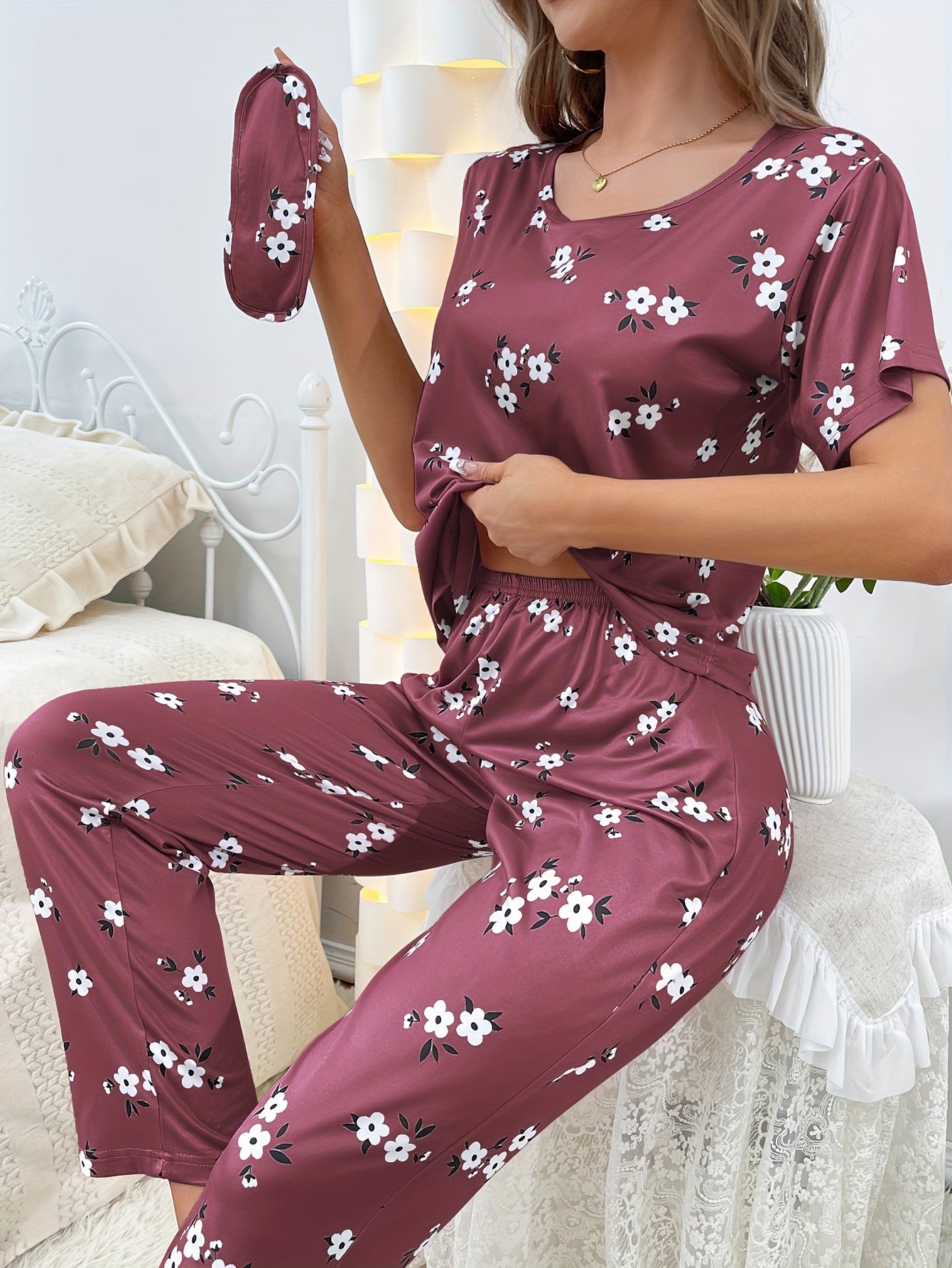 Floral Print Pajamas Set Short Sleeve Top & Pants