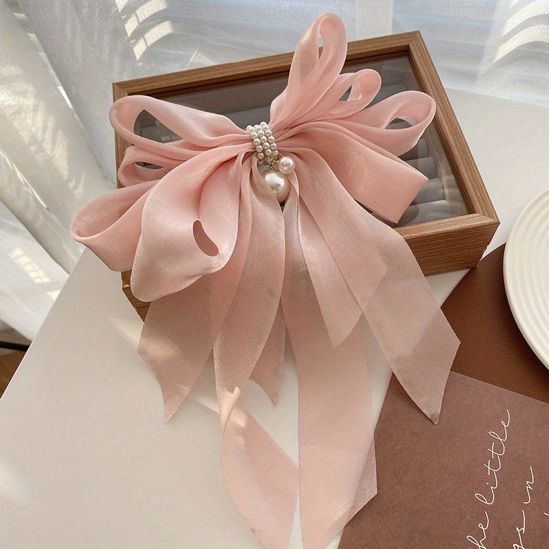 Bow & Faux Pearl Decor Hair Clip French Barrette Silk Hair Pin