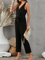 V Neck Tank Jumpsuit Sleeveless Button Casual Jumpsuit
