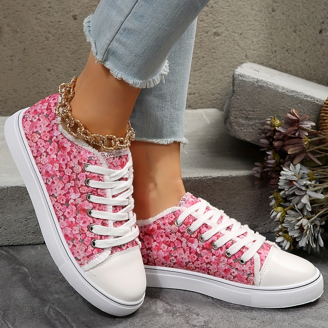 Women's Floral Print Canvas Shoes Lace Up Sneakers Low Top Comfortable