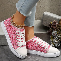 Women's Floral Print Canvas Shoes Lace Up Sneakers Low Top Comfortable