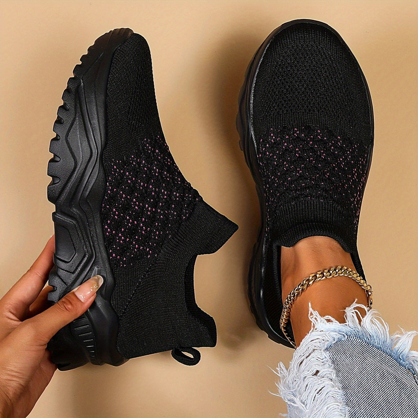 Women's Knitted Textured Running Shoes Lightweight Slip On Casual Sneakers