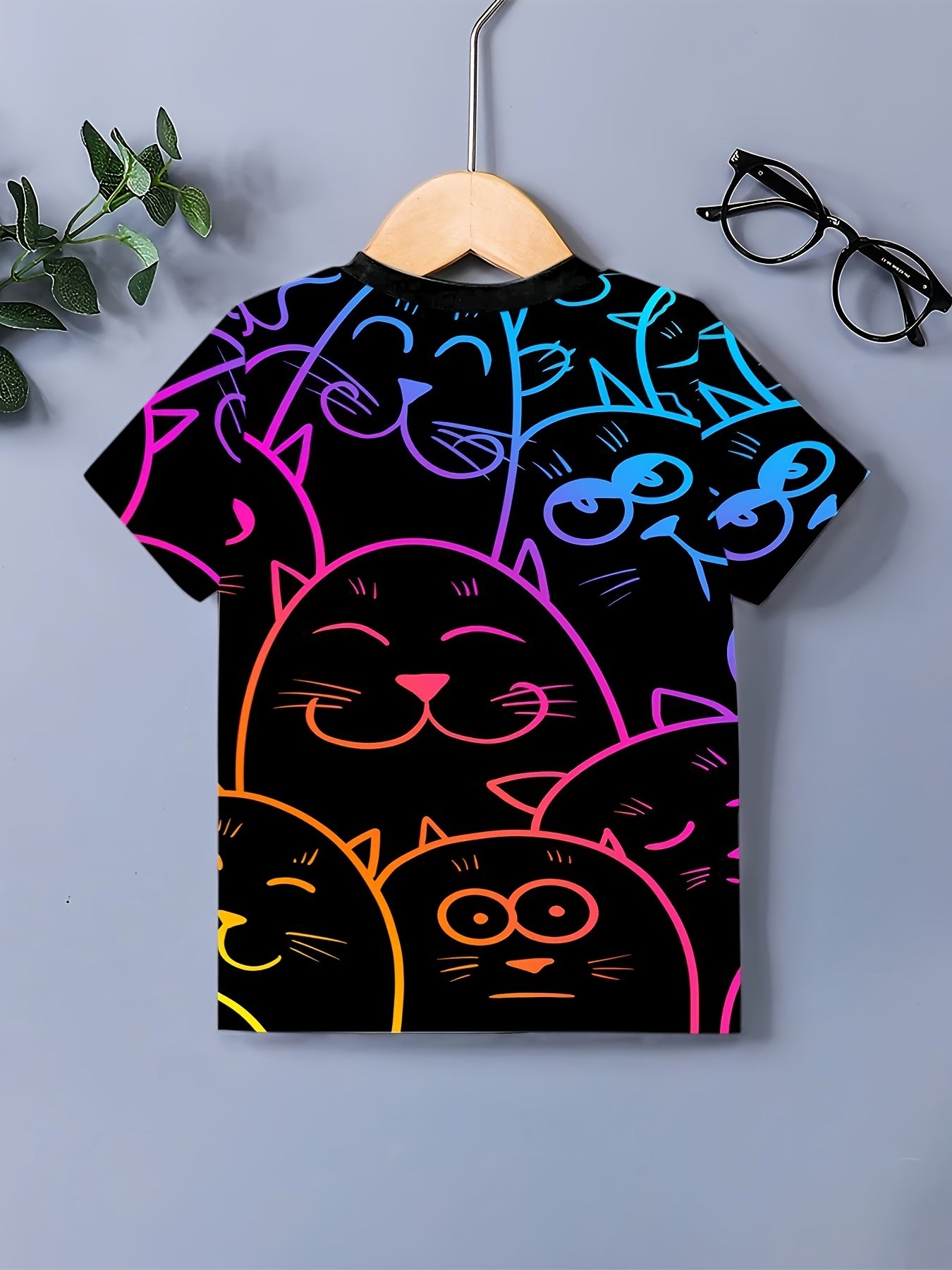 Cartoon Cat Gradient Line Print Boy's Casual Tees Short Sleeve T-shirt