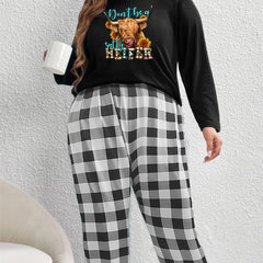  Sunflower Cow Head Print Tee & Plaid Pants Pajama Set