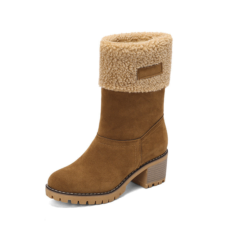 Women's Stacked Heel Mid Calf Snow Boots Plush Winter Slip On