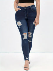  Casual Jeans Women's Plus Solid Ripped Skinny Jeans