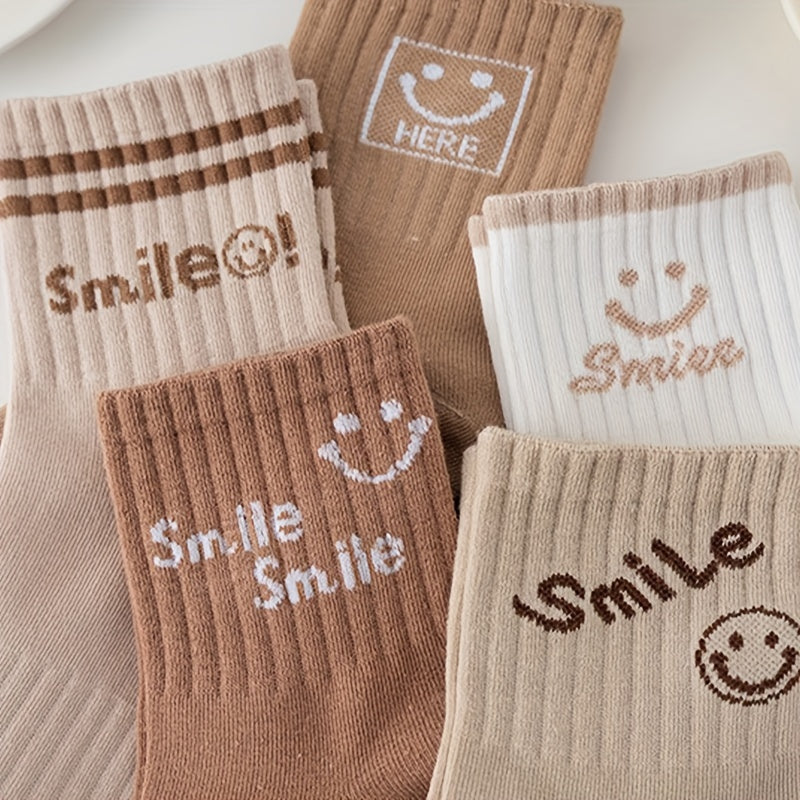 5 Pairs Smiling Print Socks Women's Crew Stockings