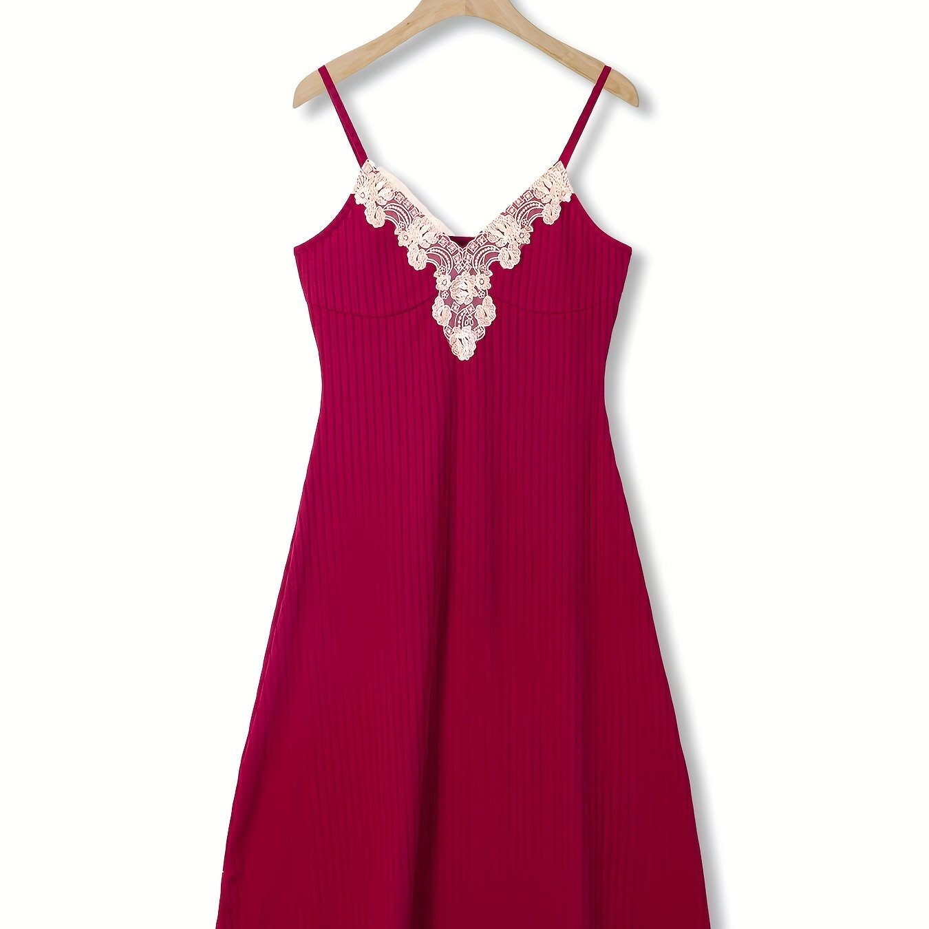 Lace Slip Lounge Dress V Neck Ribbed Home Dress Women's Loungewear
