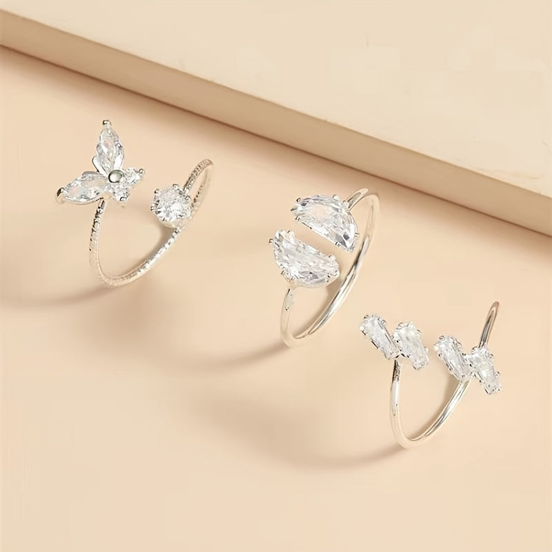 Zircon Butterfly Ring Set Silver Plated Moon Lightning Women's Ring
