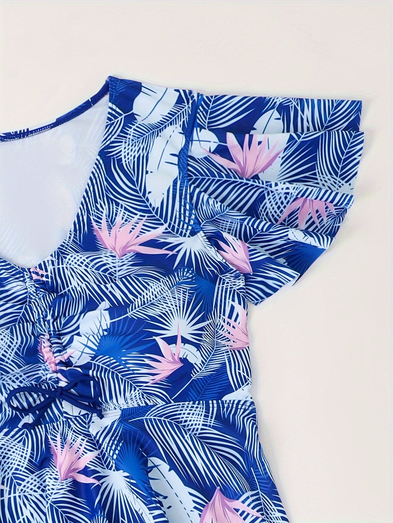  Boho Tankini Set Tropical Print Ruffle Sleeve V Neck Lace Top & Shorts