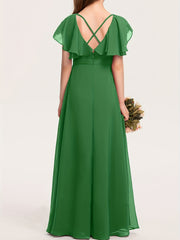 Girls Flounce Sleeve V Neck Bridesmaid Dress For Wedding