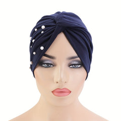 Faux Pearl Decor Turban Cap Solid Pleated Head Wrap