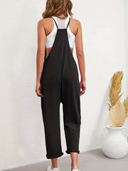 Boho Spaghetti Solid Pockets Jumpsuit Casual Sleeveless Long Length Wide Leg