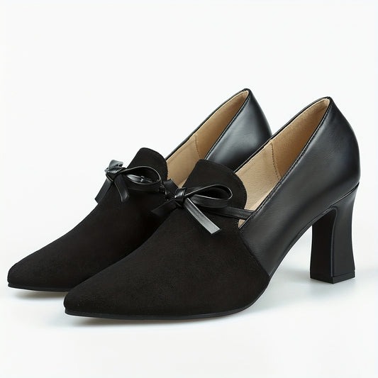 Women's Bowknot Court Pumps Pointed Toe Block Heels