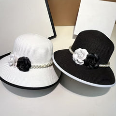 Straw Bucket Hat with Faux Pearl Hatband & Flower Decor