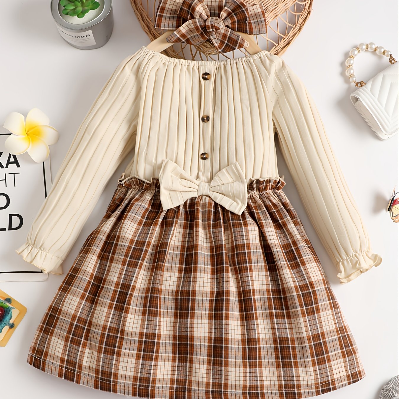 Plaid Bowknot Dress Set for Baby Girls