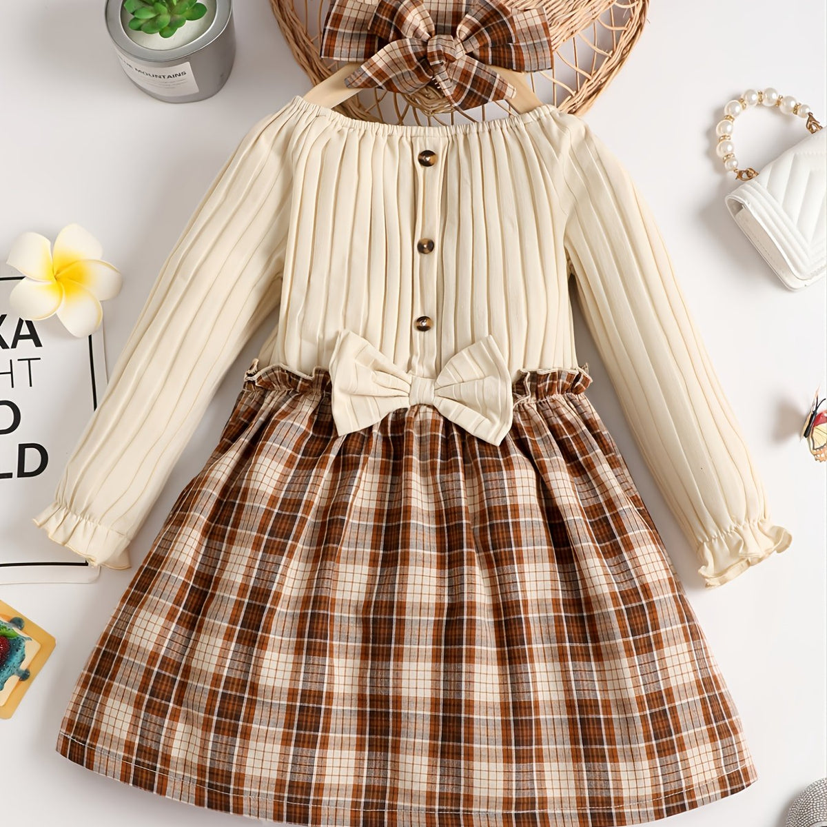 Plaid Bowknot Dress Set for Baby Girls