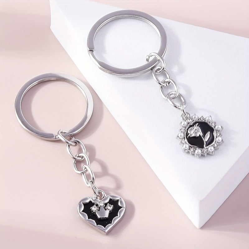 Rose Heart Keychain Rhinestone & Faux Pearl Key Ring Purse Bag Car