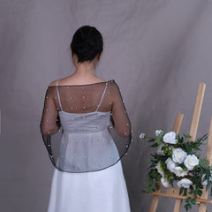 Short Bridal Cape with Pearl Mesh Overlay for Bridesmaids