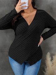  Colorblock Cross V Neck Knit Top Long Sleeve