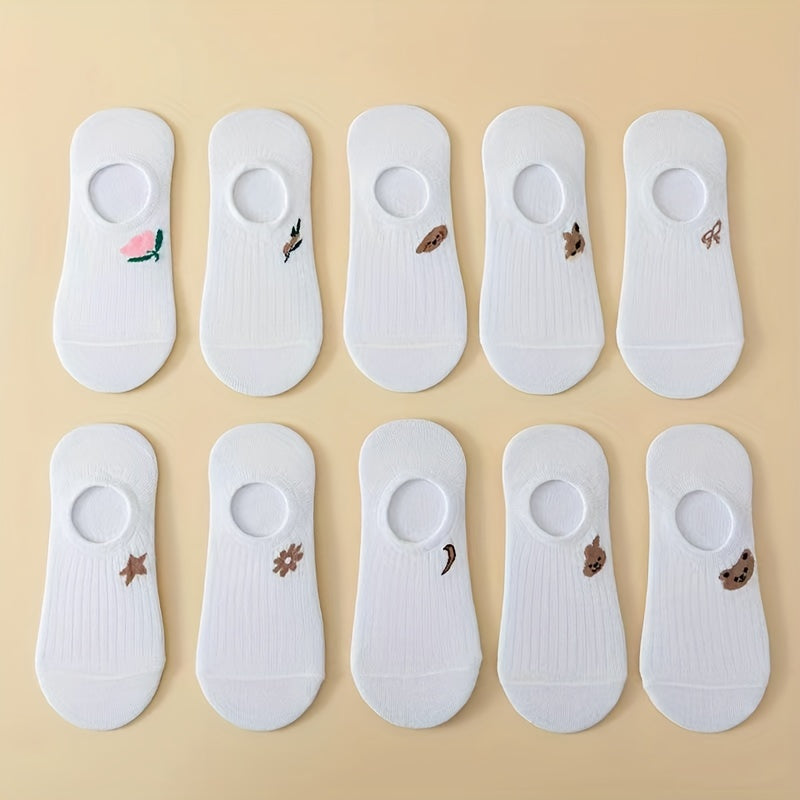 10 Pairs Cartoon Embroidery Low Cut Ankle Socks Women's Stockings