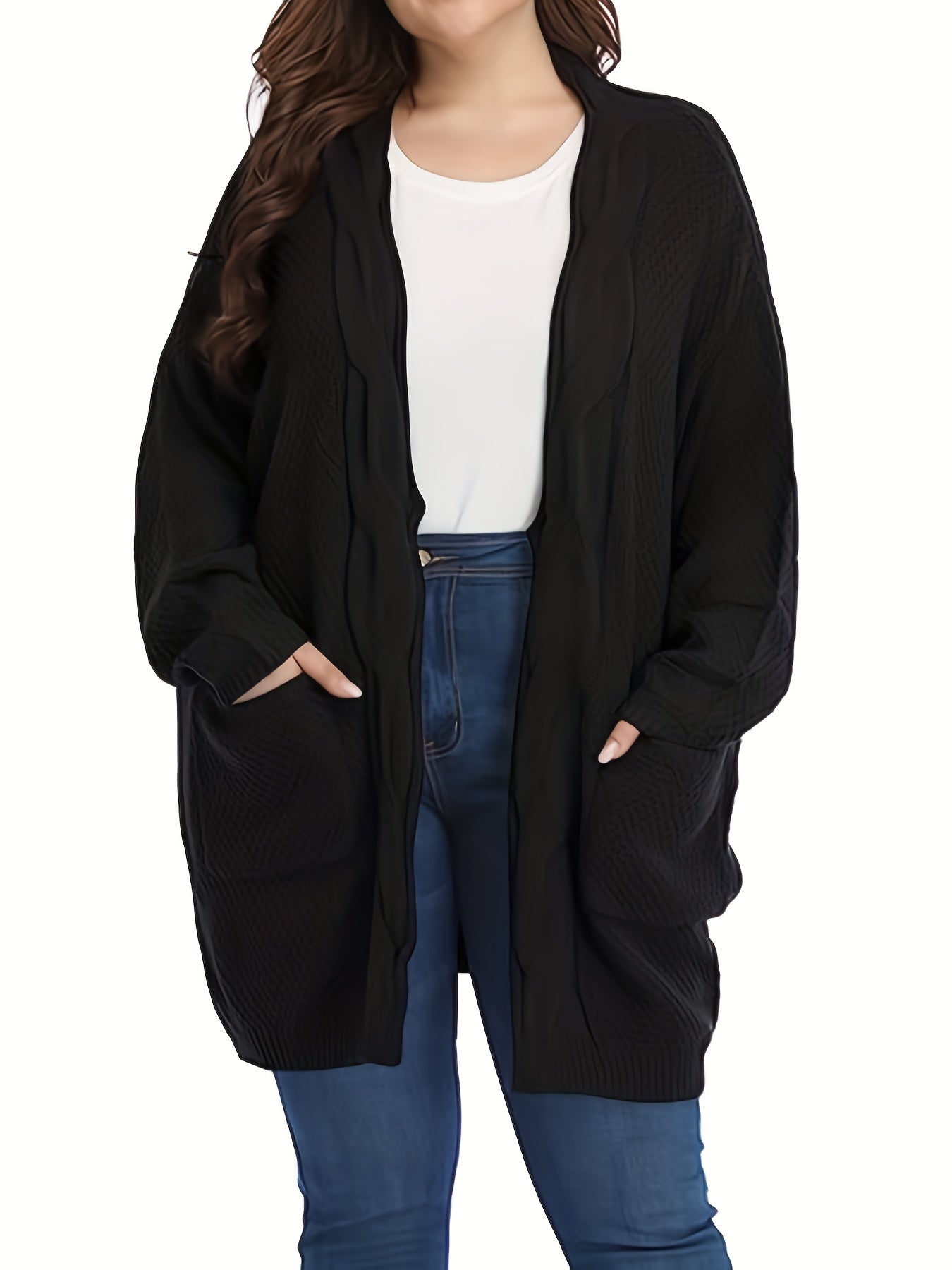 Women's Plus Size Knitted Open Front Cardigan with Pockets
