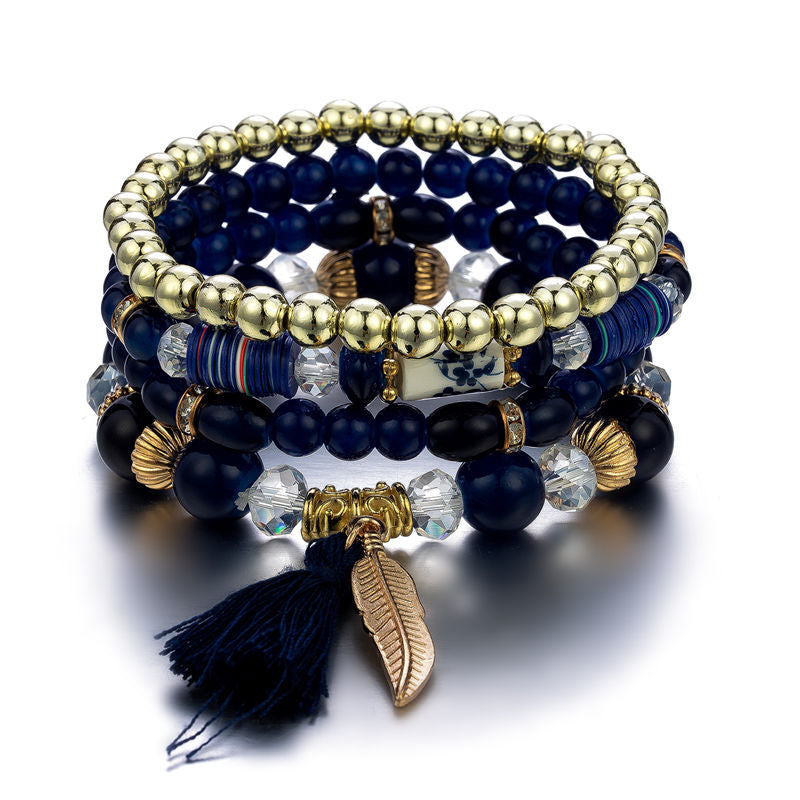 Bohemia Beaded Bracelets Tassels & Leaves Pendant Vintage Bracelet Set