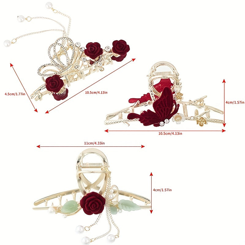 Red Rhinestone Flower Hairpin Clips for Women Ponytail Hair Accessories